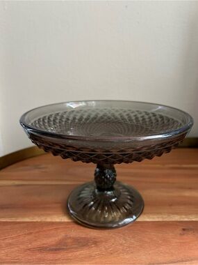 CB2 Smoky Gray Diamond-Cut Glass Pedestal Compote
